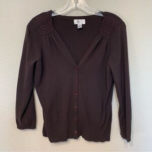LOFT Dark‎ Brown V-Neck Button Cardigan with Smocked Shoulders Medium